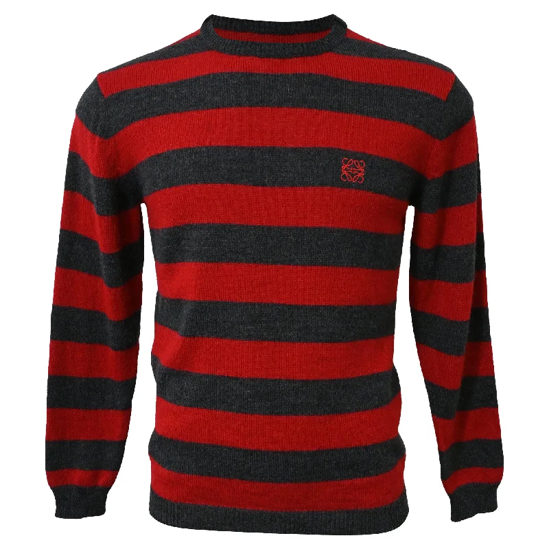 Men's Sweaters with Button-Up CollarsLoewe Anagram Embroidered Striped Sweater in Red Wool Alpaca