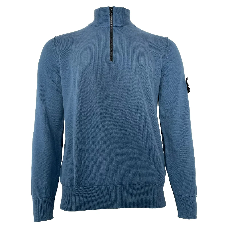 Men's Sweaters with Fold-Over CuffsStone Island Compass-Motif Half Zip Sweater in Blue Cotton