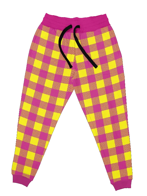 Men's Pants with Adjustable WaistbandsNeon Yellow & Pink Plaid Unisex Joggers