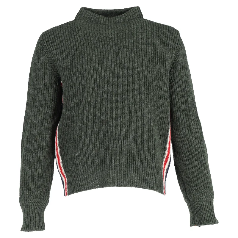 Men's Sweaters with High-Low HemlinesThom Browne Ribbed-Knit Mock Neck Sweater in Green Wool