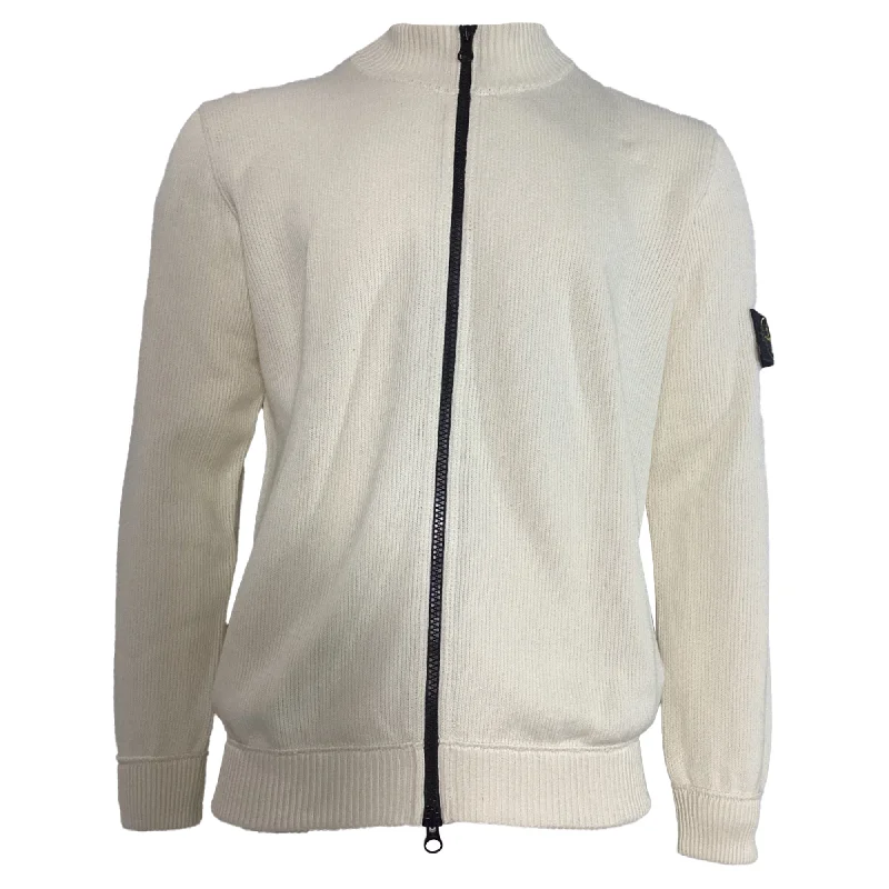 Men's Sweaters in Bright ColorsStone Island Rib Knit Zip Sweater in White Wool